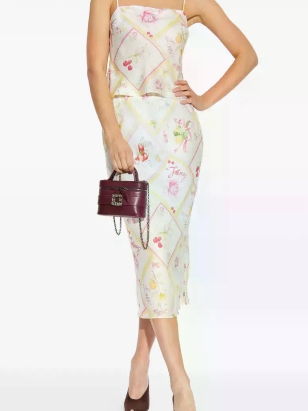 LoveShackFancy Castel Floral Pastel Midi Skirt with Pink & Yellow Print size XXS